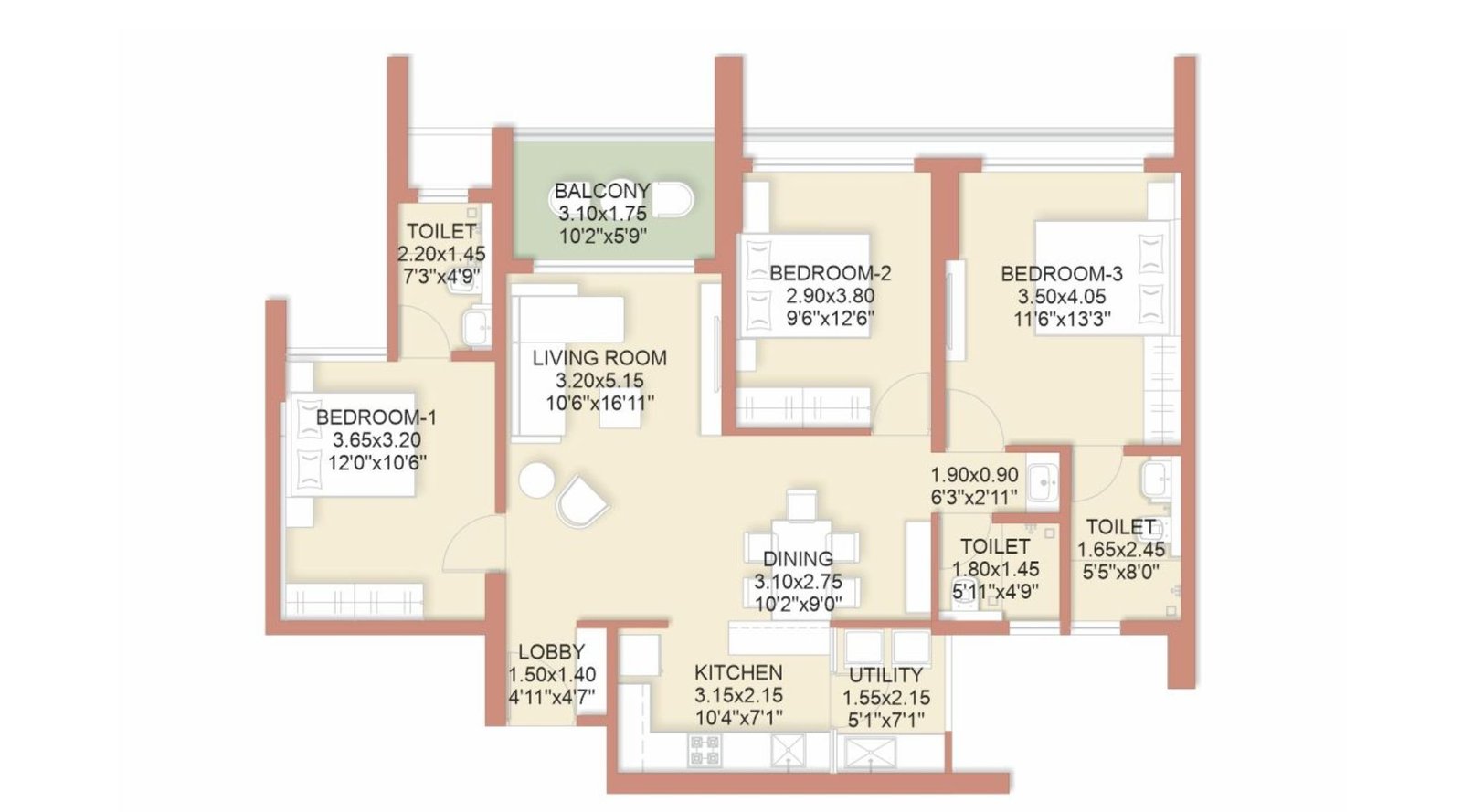 Rohan-Ekam-Floor-Plan-3-BHK